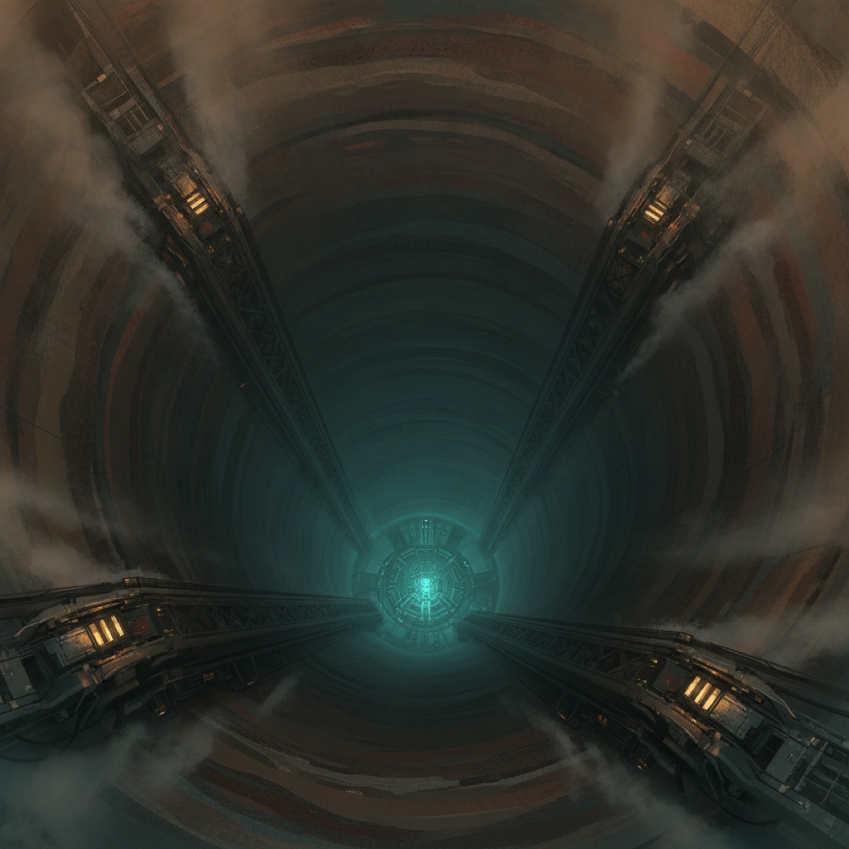 Descending the machined shaft toward a glowing structure