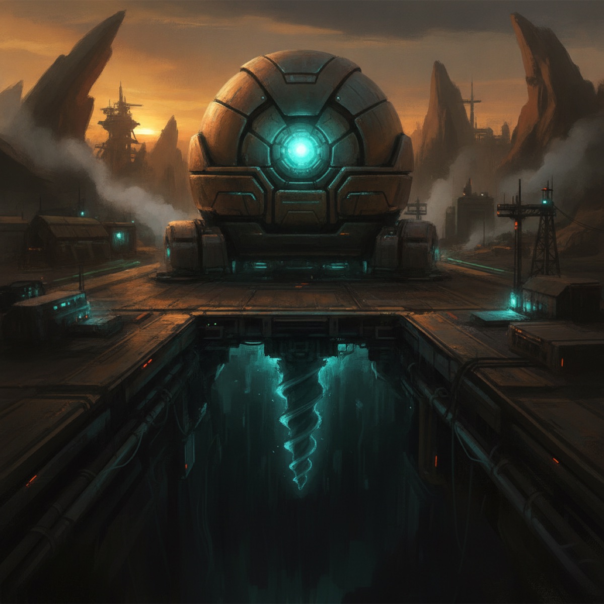 The extraction pod poised over the mine shaft