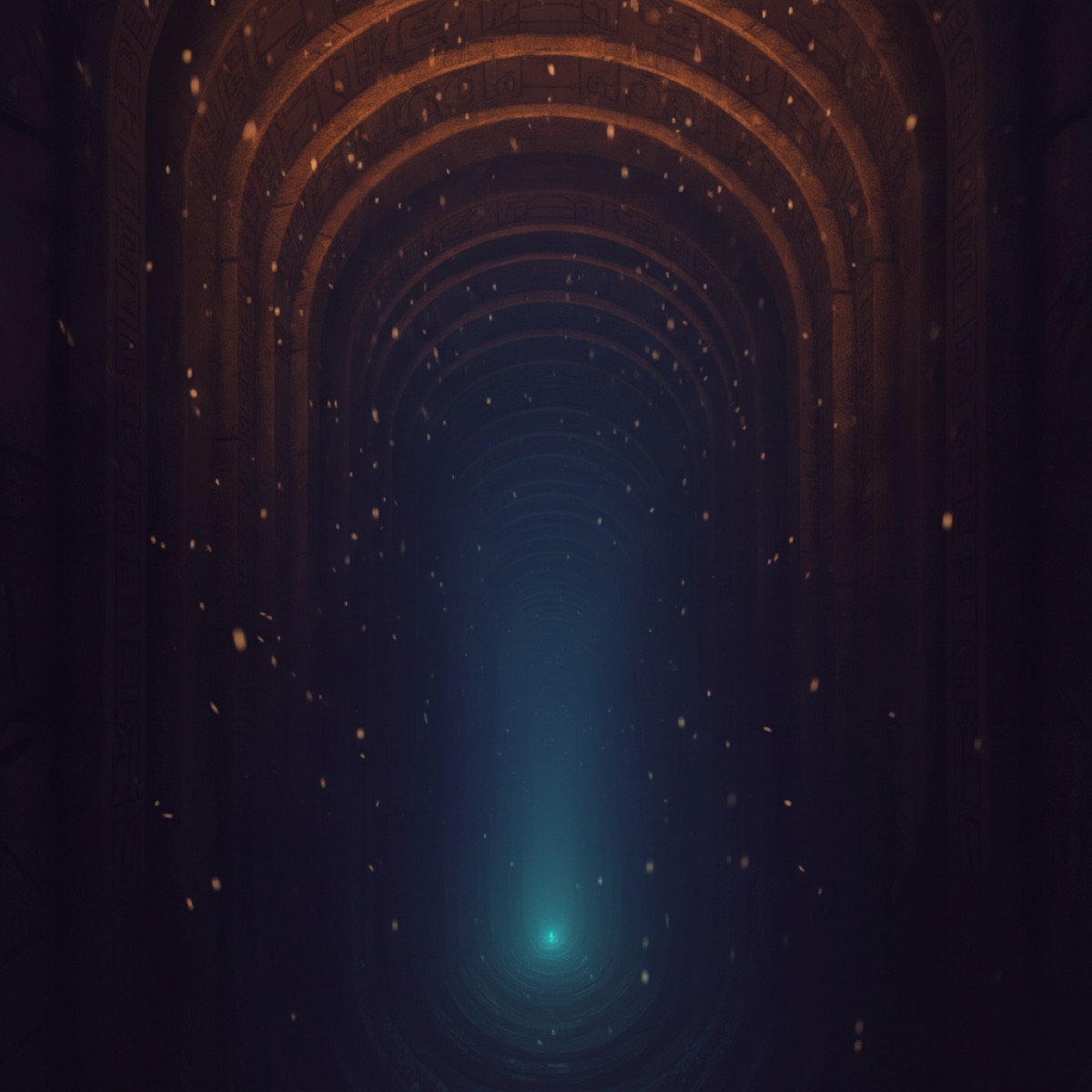 An ancient runed vault descending into teal light