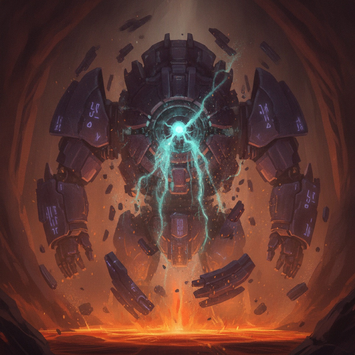 A colossal Veth guardian awakening in a molten chamber