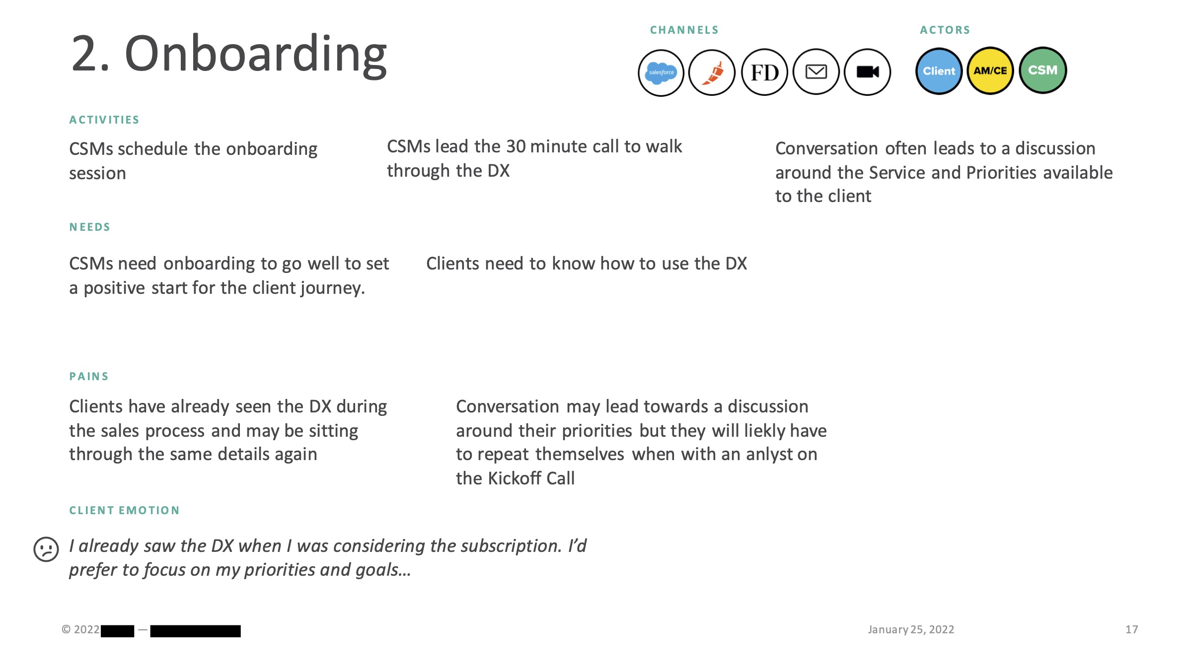 Forrester Guidance Session service blueprint showing channels, actors, activities, needs, pains, and client emotions across the onboarding journey