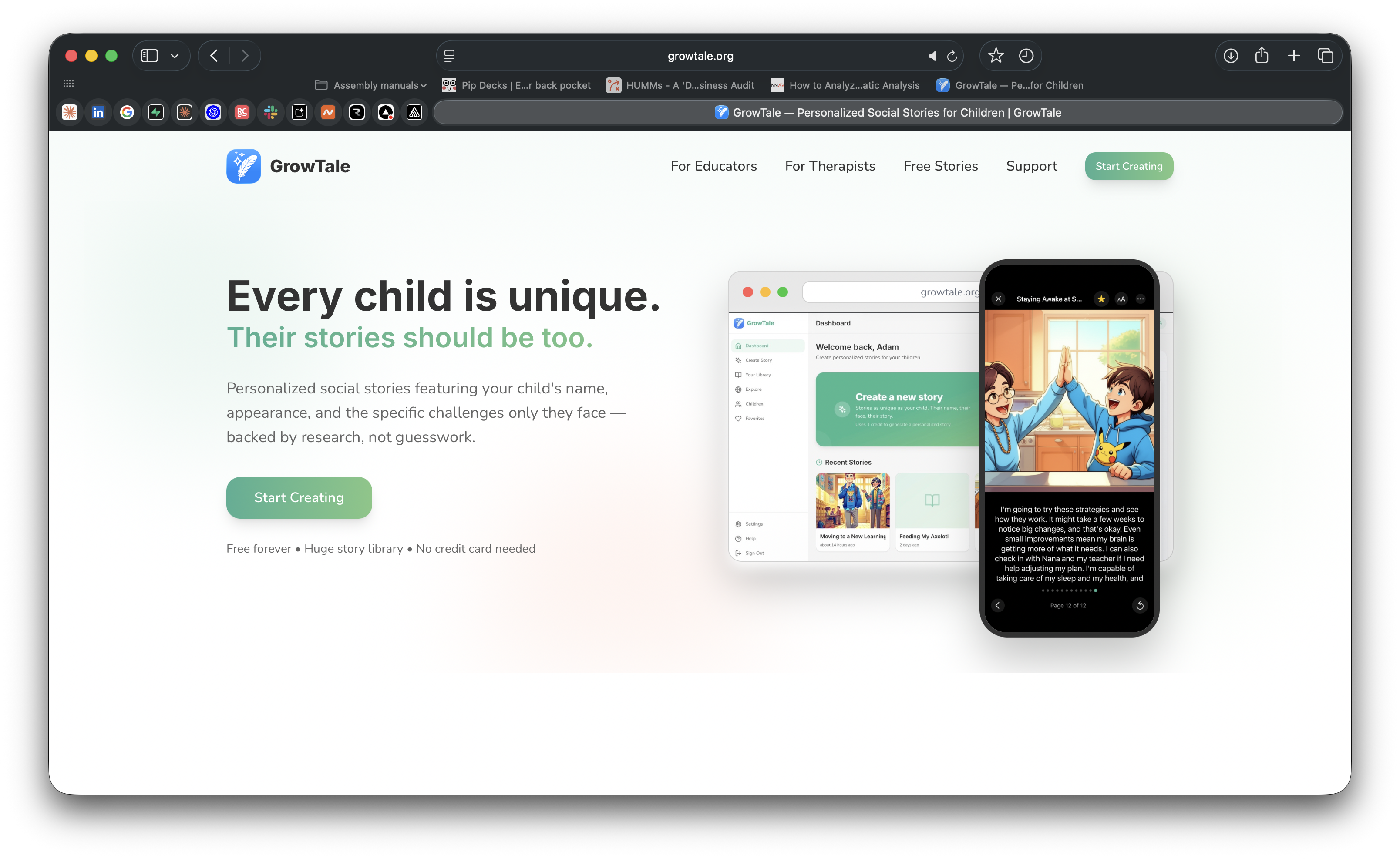 GrowTale homepage showing real social stories and illustrations