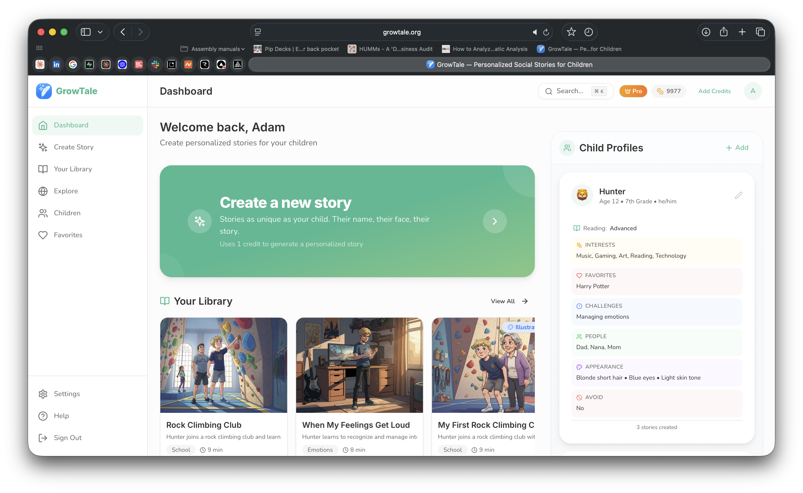 GrowTale web dashboard with story library and creation tools