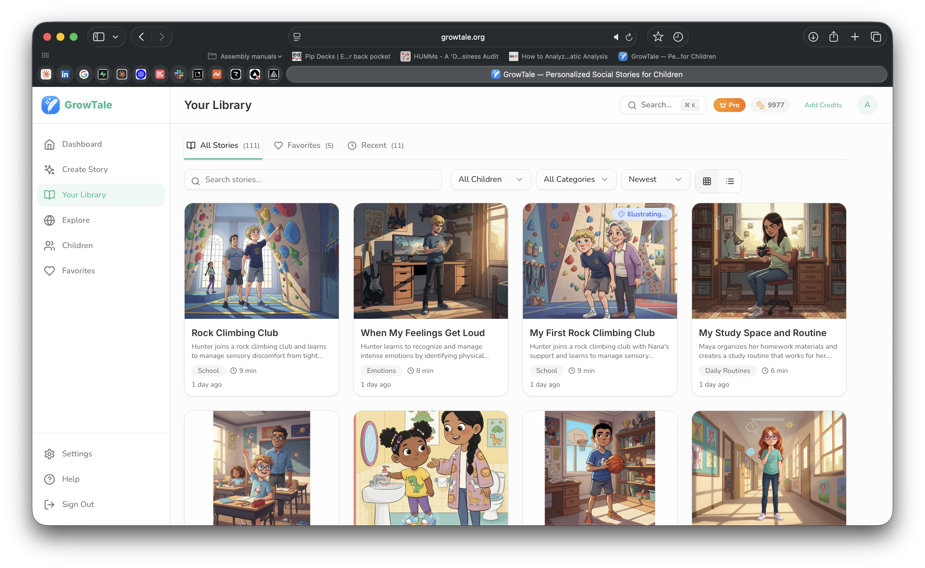 GrowTale story library grid showing personalized social stories with illustrated covers