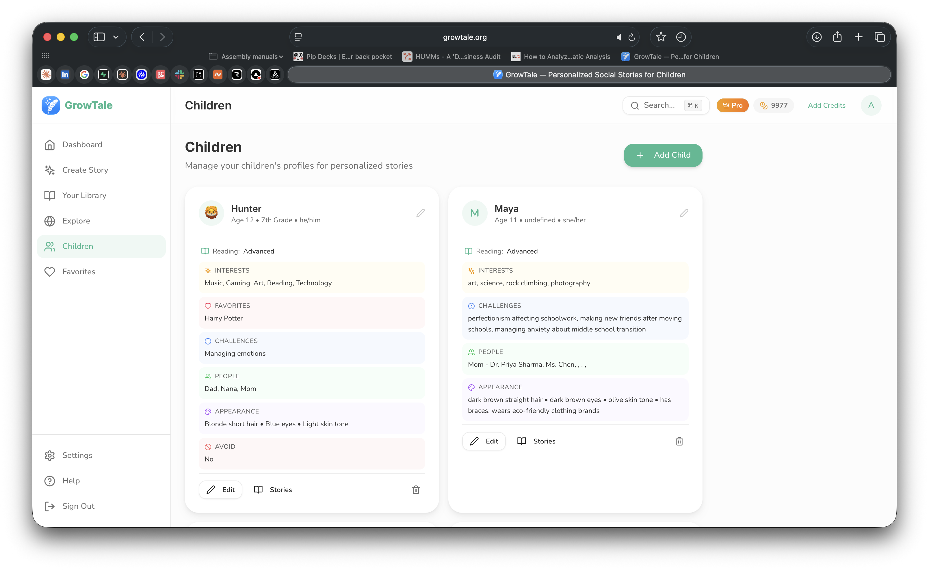 Children profiles page showing detailed information for personalization