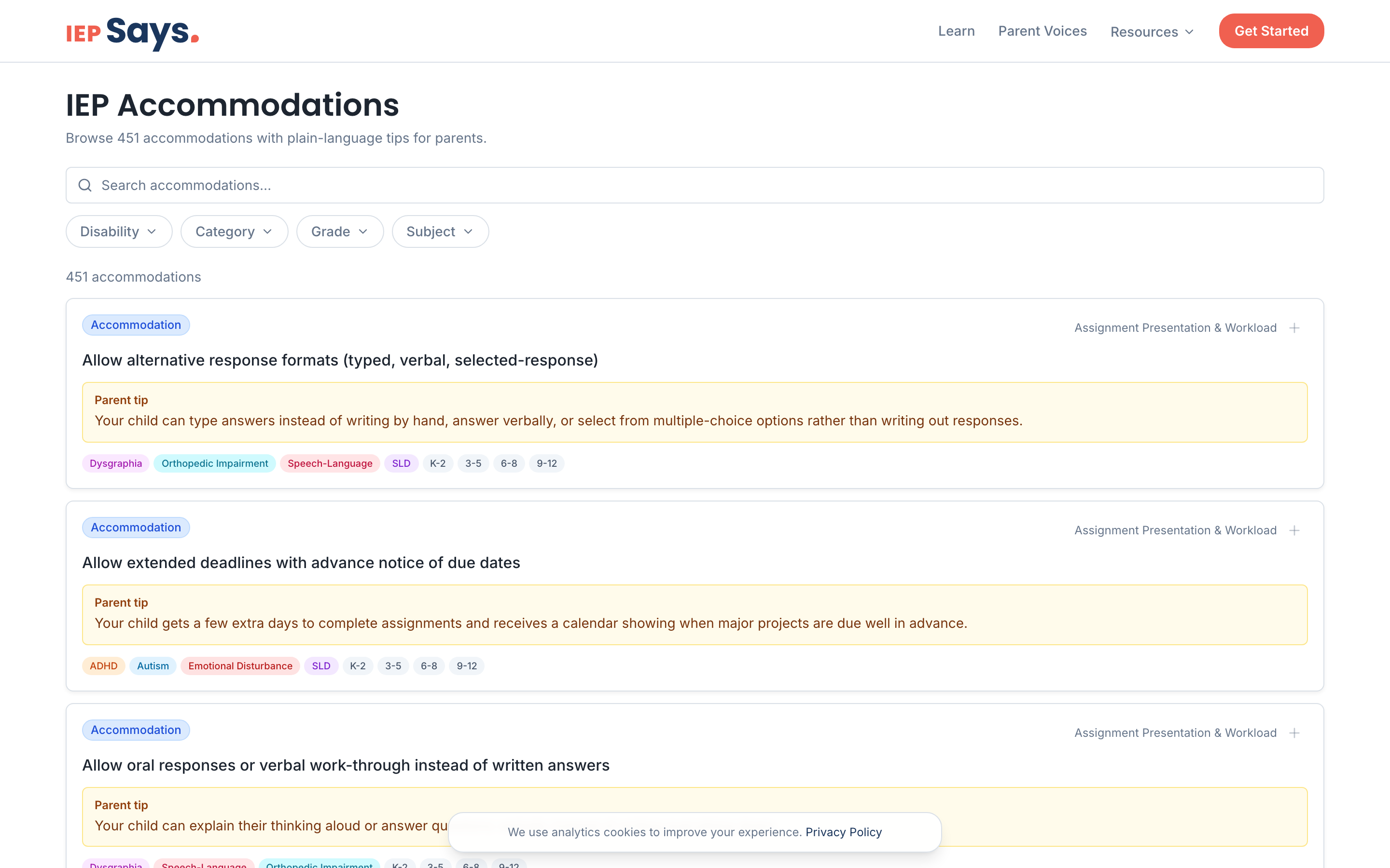 IEP Says accommodations directory — desktop view with filters and search