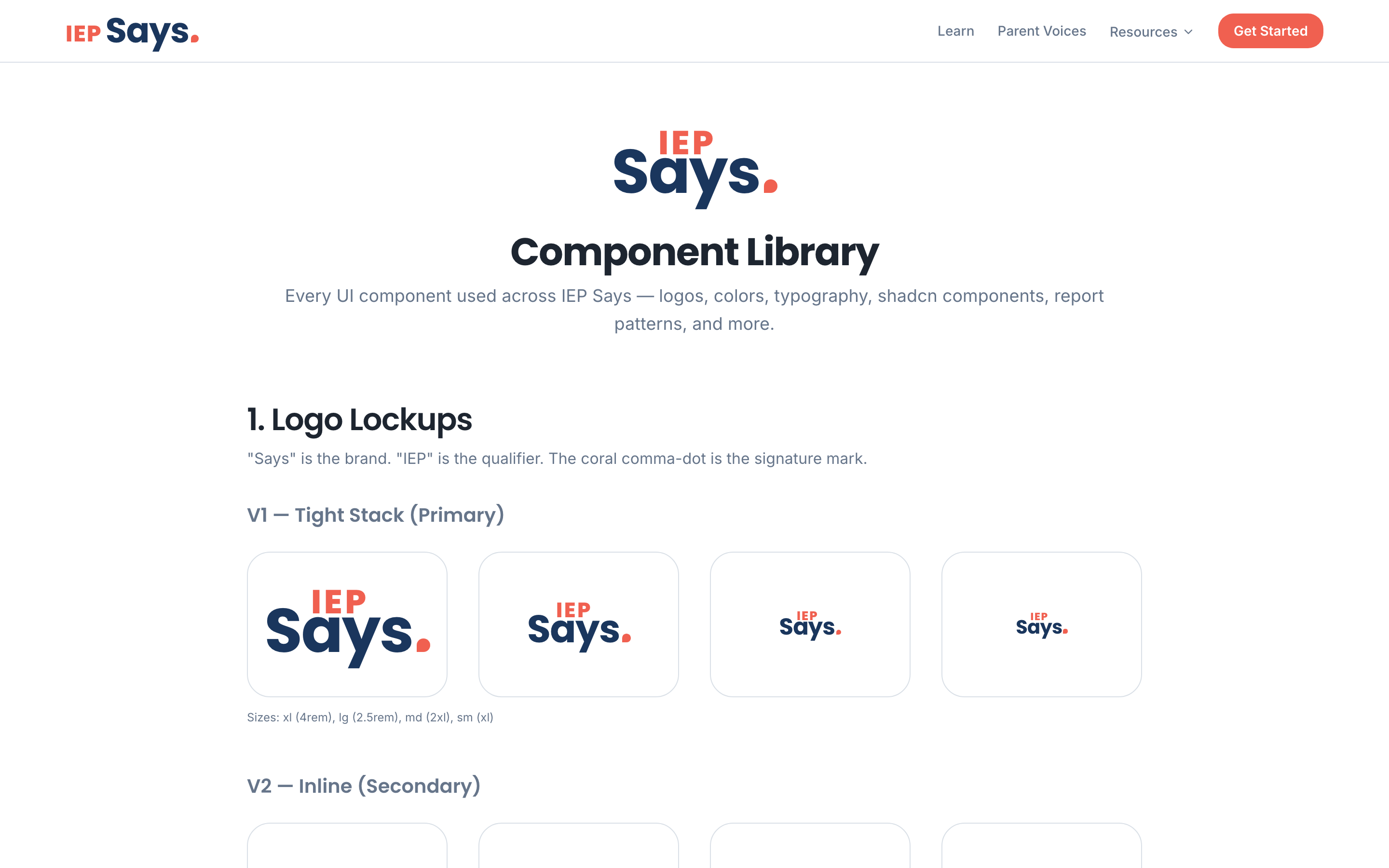 IEP Says logo lockups — stacked wordmark in four sizes with the coral comma-dot signature mark