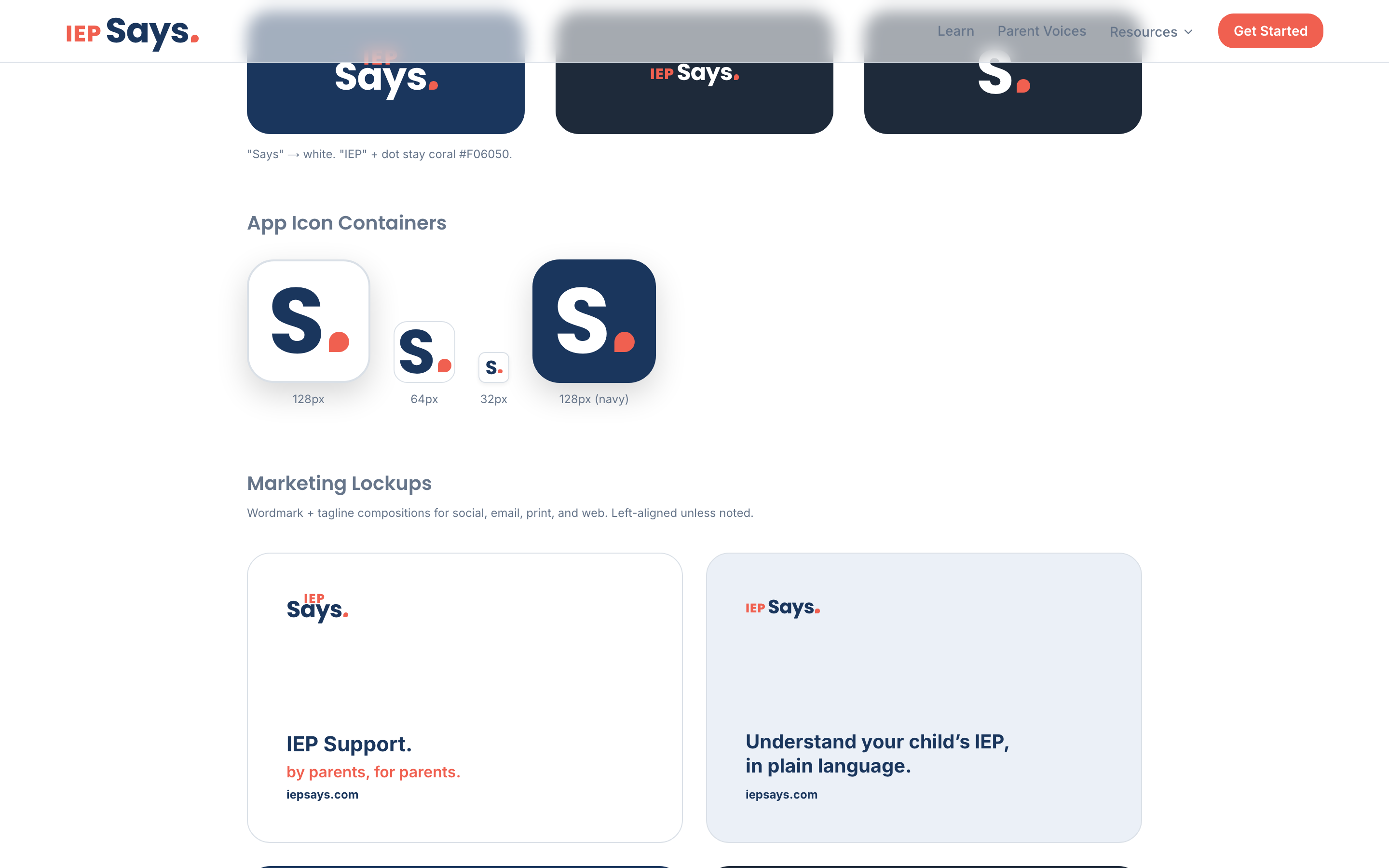 IEP Says app icon containers and marketing lockup cards on dark and light backgrounds