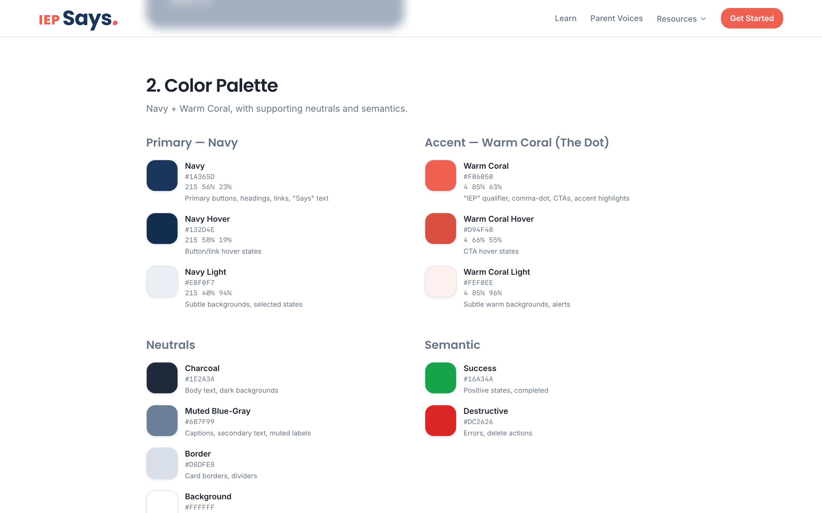 IEP Says color palette — Navy and Warm Coral primaries with neutrals and semantic status colors