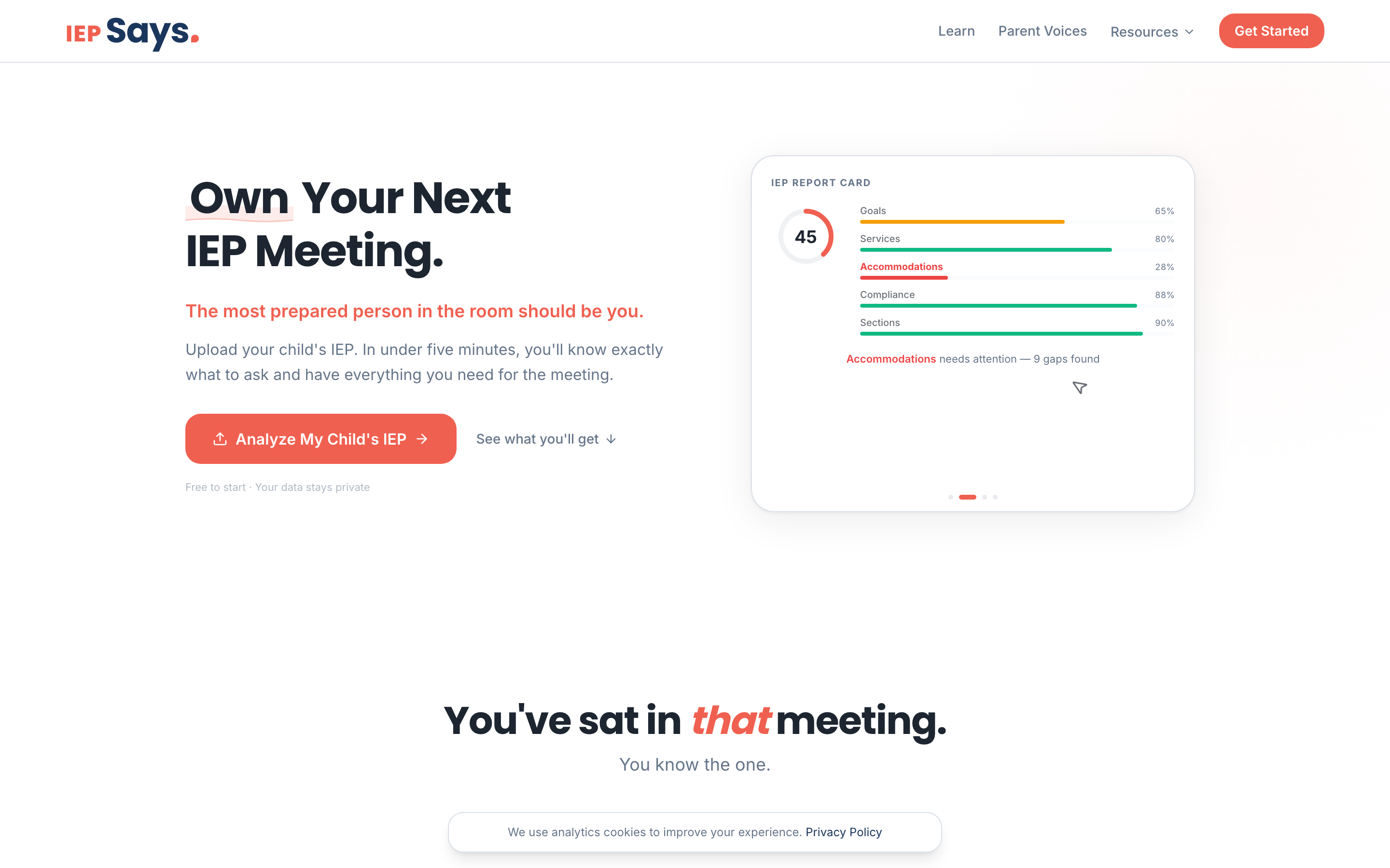 IEP Says homepage — hero section showing the product value proposition