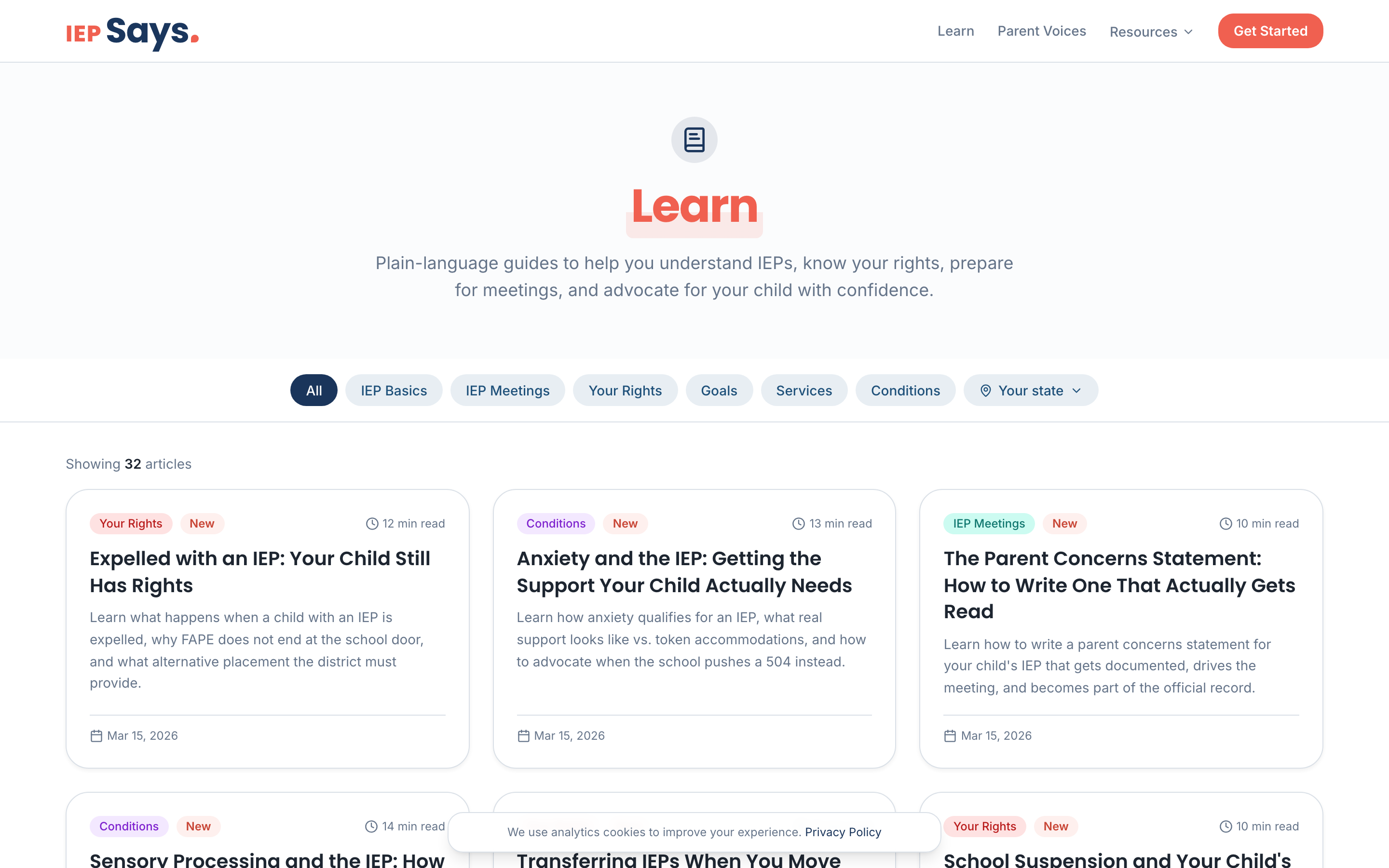 IEP Says learning hub showing published articles organized by topic