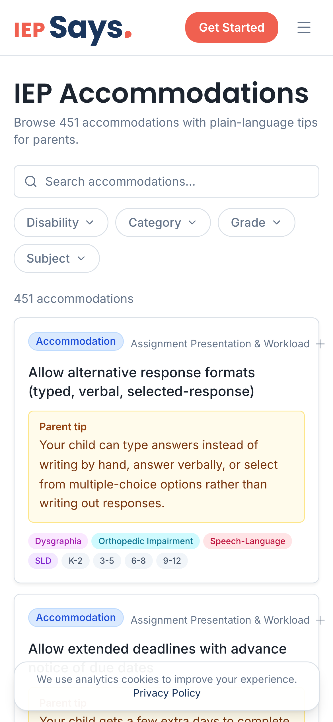 IEP Says accommodations directory — mobile view