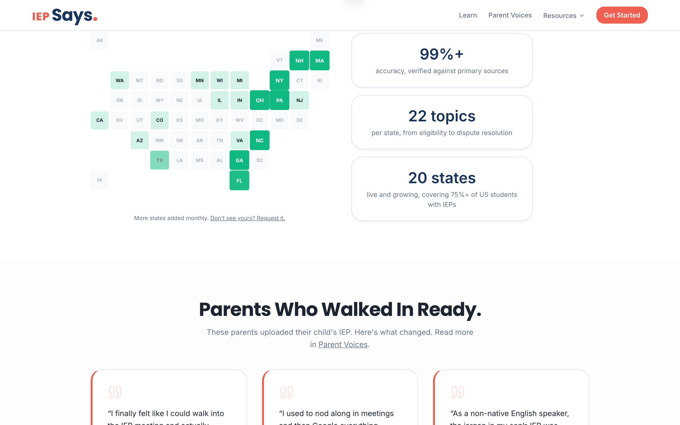 IEP Says state coverage map showing 20 verified states with 99%+ accuracy and 22 topics per state