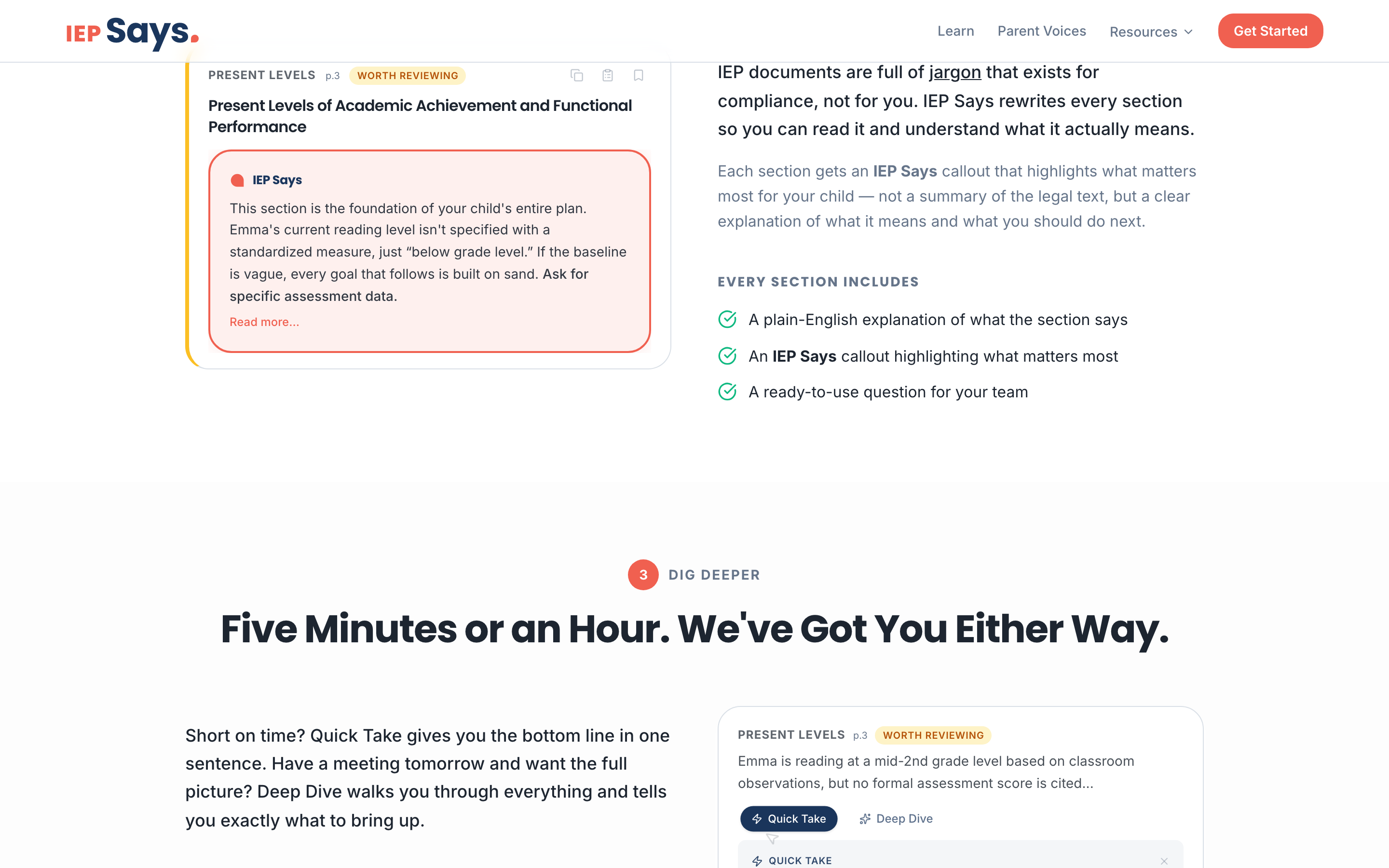 IEP Says plain-English callout showing how compliance jargon gets translated into actionable parent guidance
