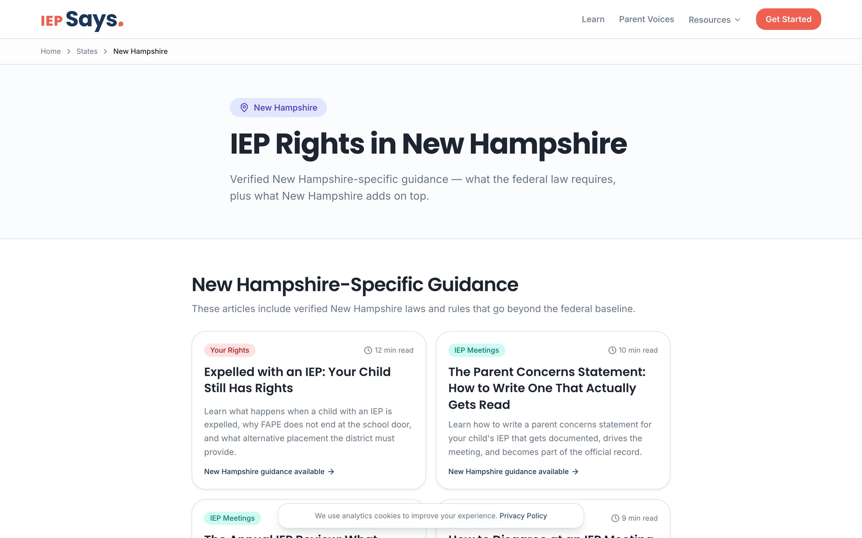 IEP Says state compliance page for New Hampshire showing verified guidance and state-specific articles